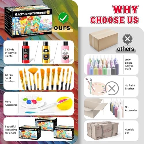 64 Pcs Classic & Metallic & Pastel Acrylic Paint Set with 12 Brushes, 2 Knives & Palette, 48 Colors (2oz/60ml) - for Adults, Kids, Artists & Beginners - Arts and Crafts Painting Kit