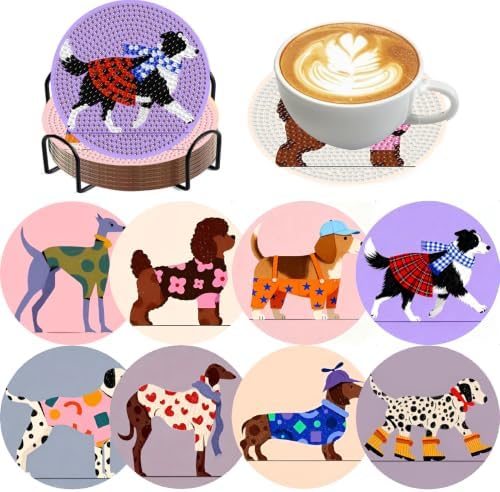 8PCS Dog Diamond Art Coasters Kits, Diamond Painting Coasters with Holder Set of 8, DIY Simple Gem Coaster Art Crafts Supplies for Adults, 4x4 in