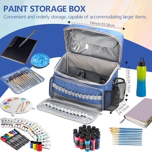 Art Supplies Organizer Storage Bag with Detachable Paint Brush Holder & Partition - Carrying Case for Home/Travel/Outdoor Fits Marks, Acrylic Paint, Palettes, Folding Buckets, Portfolios (Pro Blue)