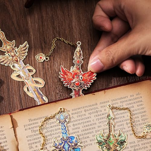 Fantasy Sword Bookmarks 4pcs - Medieval Knight Warrior Metal Book Marks for Readers, Gifts for Book Lovers, Cool Literary Page Holders for Reading Accessories, Men Women Teens, Christmas Birthday