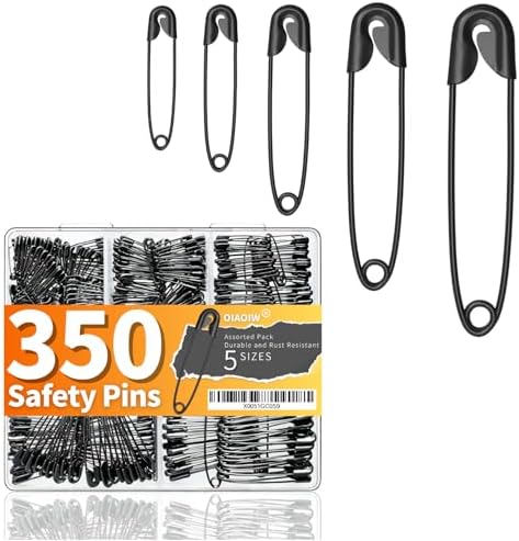 350Pack Black Safety Pins for Clothes 5 Assorted Sizes Strong Heavy Duty
