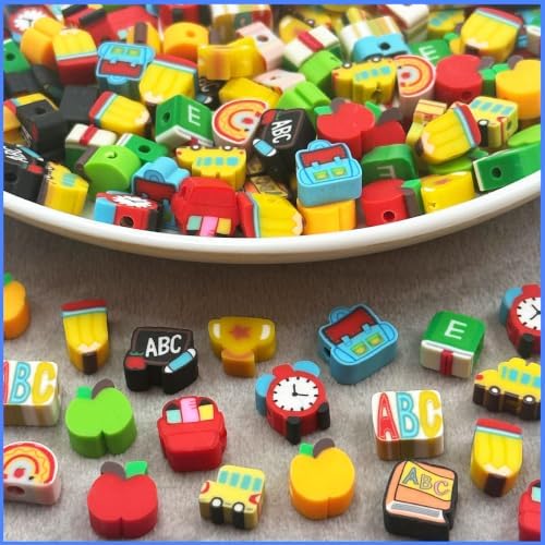 100Pcs Back to School Polymer Clay Beads, Apple Pencil Teacher School Bus Spacer Beads for Bracelet Necklace Making DIY Jewelry Craft Kit Teacher Appreciation Gift School Theme Party Supplies