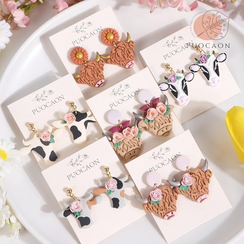 Puocaon Sunflower Highland Cow Earring Cutters - 9 Pcs Sunflower Highland Clay Earrings Making Kit Dairy Cow Animal Stud Clay Cutters for Jewelry Making