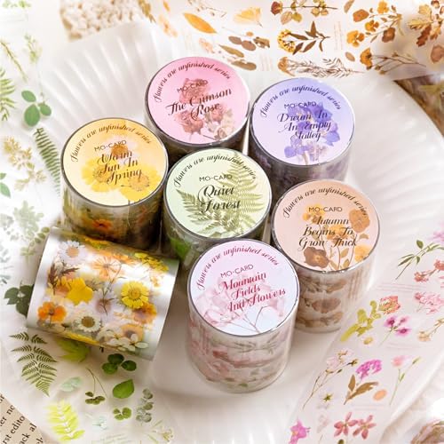 PET Tape Stickers for Journaling 6 Rolls Flower Washi Tape Stickers Decorative Tape for Crafts Scrapbooking Junk Journal Supplies, Endless Flowers