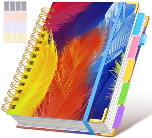 Hardcover Spiral Notebook journal with Removable Dividers Tabs, 300 Pages 5 Subject Notebook College Ruled, 100GMS Notebooks for Work School Note taking,Lined Journal for Women,A5 Colorful Feather