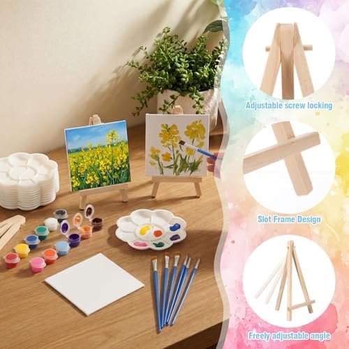 Qilery 36 Set 4 x 4 Inch Mini Canvas Boards with Easel Painting Kit, Acrylic Paints Strips, Brushes, Palette, Oil Art Set for Acrylic Birthday Party Favors