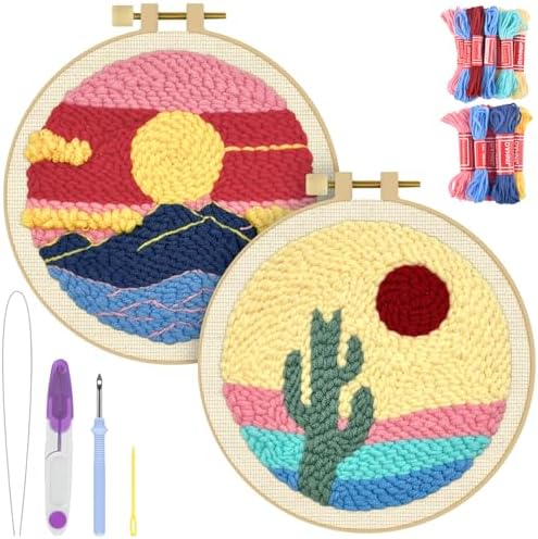 ERKOON Punch Needle Kit Adults Beginners, 2 Pcs DIY Easy Landscape Embroidery Set for Starter Art Craft, Needling Punching Project with Patterns, Tools, Yarns, Hoop, Instruction (Desert & Afterglow)