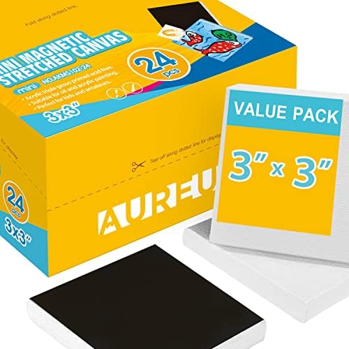 AUREUO Mini Magnetic Stretched Canvas 3x3 Inch / 24 Pack - Small Square Wrapped Canvas Board with Magnet Back, Art Gift Set Tiny Framed Bulk Pack Canvases for Painting & Craft