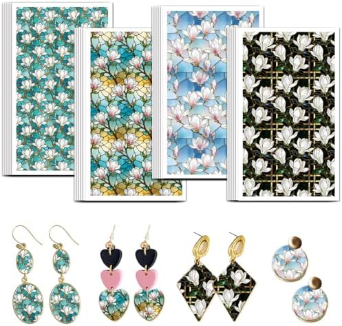 OLYCRAFT 24Pcs Magnolia Clay Transfer Paper 4 Styles Transfer Paper for Polymer Stained Glass Polymer Clay Transfer Sheets Flower Transfer Paper for Clay Earrings Jewelry Making
