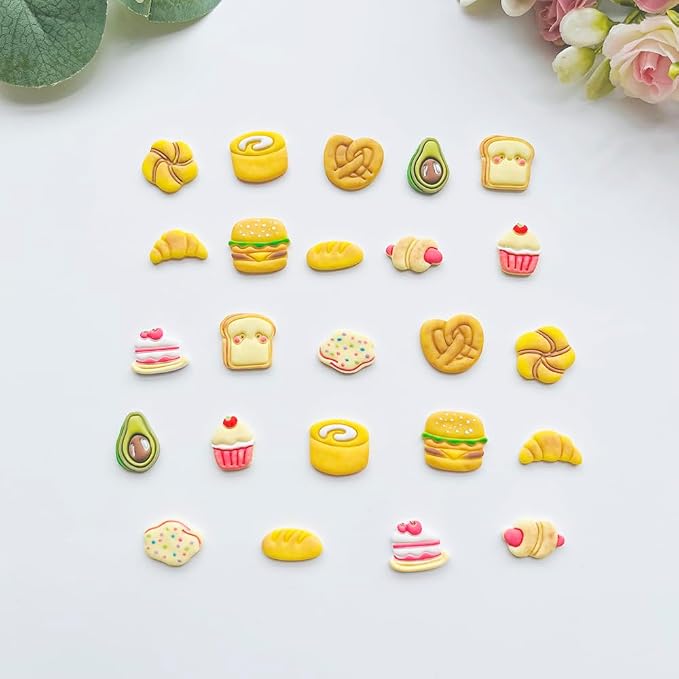 Xaekicr Bakery & Food Theme Polymer Clay Cutters Set - 12pcs Miniature Shapes Including Croissant, Burger, Avocado, Cupcake, Bread & Toast for DIY Earring Jewelry, Soft Clay Crafts & Scrapbooking