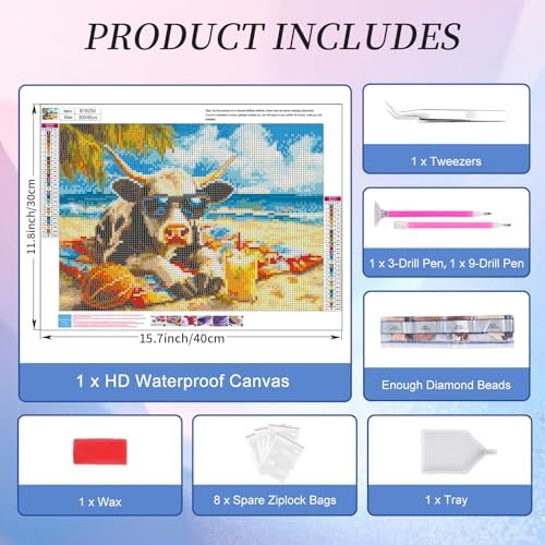 Diamond Art Kits for Adults, Beach Cow Diamond Painting Kit, 12 x 16 Inch