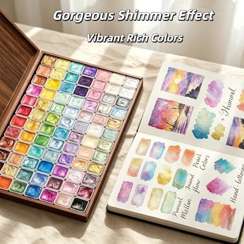 Forestry Shifting Watercolor Painting Set，Shifting Watercolor Painting Set，20 Colors Watercolor Painting Set，Metallic Watercolors，Glitter Watercolor Paint For Children Adults Art Painting (Wooden box 84 colors)