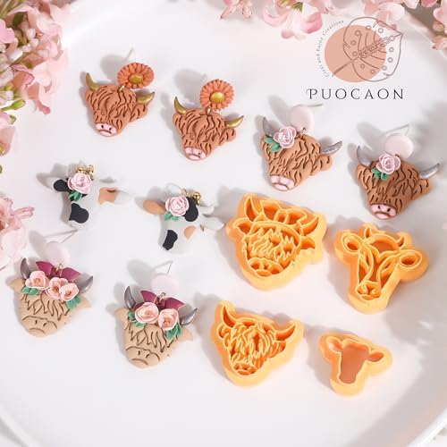 Puocaon Sunflower Highland Cow Earring Cutters - 9 Pcs Sunflower Highland Clay Earrings Making Kit Dairy Cow Animal Stud Clay Cutters for Jewelry Making