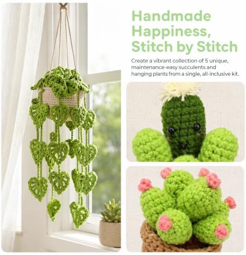 Huacan Crochet Kit for Beginners - 5 Styles Plant Crochet Kit with Step-by-Step Video Tutorials Easy to Learn Beginner Crochet Kit for Adults Gifts for Women