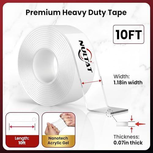 NULTAT Double Sided Tape Heavy Duty, Nano Reusable, Removable, Washable Double Stick Tape for Wall, Multipurpose Clear Adhesive Tape 1.18" x 120"(10 Feet)