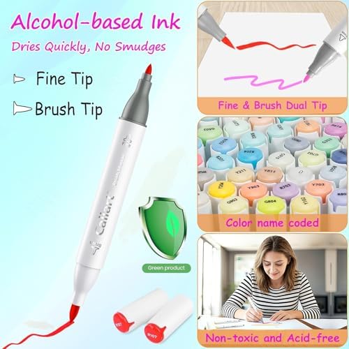 Caliart 51 Colors Brush Tip Alcohol Markers Brush & Fine Coloring Markers | Permanent Markers for Adult Coloring Books No Bleeding, Beginners Artists Sketch Pens Illustration Drawing Art Supplies Gifts