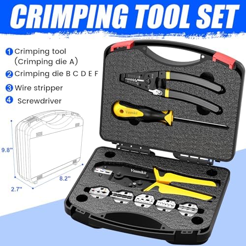 Crimping Tool Set 8PCS - Ratchet Wire Crimping Tool for Heat Shrink,Insulated Nylon,Non-Insulated,wire ferrules,Open Barrel Terminals,Solar Connectors - Crimper with 6 Interchangeable Die