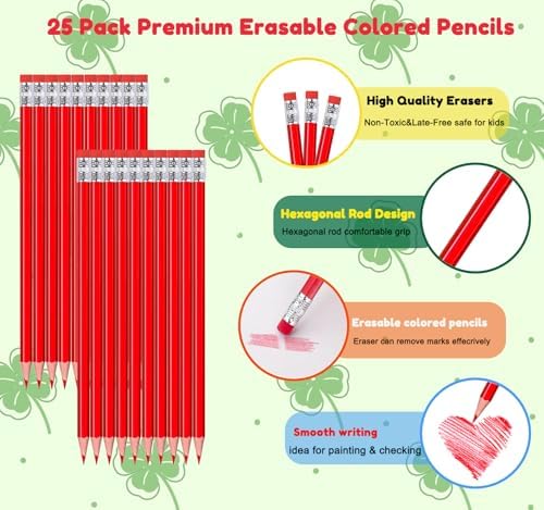 Adhere 25pcs Checking Pencils Erasable colored Pencils Pre-Sharpened #2 HB,for Checking Tests Grading,Map Coloring, editing Office Favors,including a Free sharpener. (Red)