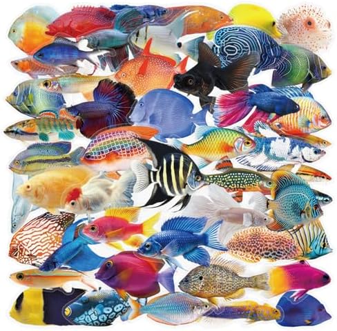 100PCS PET Marine Life Ocean Fish Stickers,Waterproof Transparent Tropical Fish Decals for Laptop, Luggage, Skateboard, Phone, Fridge, Trendy Stickers for Teens, Adults, Boys and Girls (100-fish)