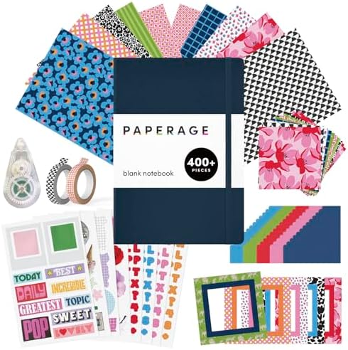 PAPERAGE Junk Journal & Scrapbook Kit, Hardcover Blank Journal Notebook, 20 Patterned Papers, 8 Sticker Sheets, 20 Die-Cut Shapes, 2 Washi Tapes & Tape Roller, Creative Journaling Supplies - Navy