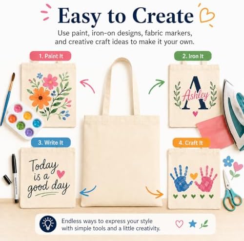 Phicorn Canvas Tote Bags, 15 x 16 in, 8 oz Cotton Blank | Long handles and reinforced stitching; blank cotton canvas for crafts, gifts, shopping, events, and everyday carrying