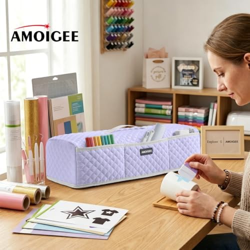 AMOIGEE Dust Cover for Latest Cutting Machine Cricutt Explore 5, Quilted Protective Cover with Storage Pockets for Cutting Machine, Floral Fabric Anti-Dust Cover for Craft Machine Organizer