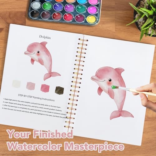 Easy Watercolor Workbook for Beginners - 12 Beautiful Step-by-Step Paintings Water Coloring Book, Includes 18 Colors Paints, Relaxing Art Projects and Creative Gift for Adults & Teen (Marine Animals)