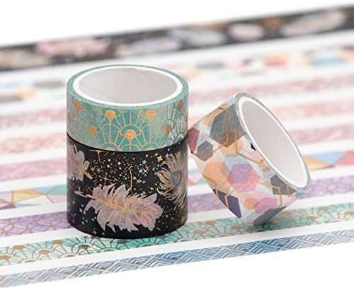 YUBBAEX Mystic Gold Washi Tape Set Wide Silver Foil Masking Tape Decorative for Arts, DIY Crafts, Journal Supplies, Planners, Scrapbook, Card/Gift Wrapping (Geometric Aesthetics)