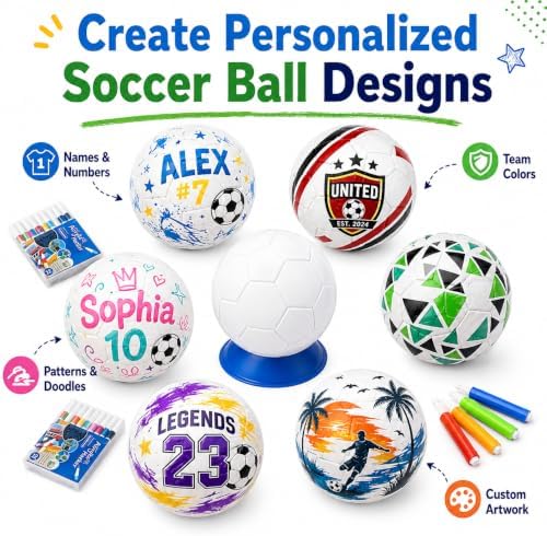 6 Set Paint Your Own Soccer Ball Kit, Blank White Inflatable Soccer Balls with Acrylic Markers, Pumps, Display Stands and Hanging Nets, DIY Soccer Ball Craft Set for Team Events and Party Activities