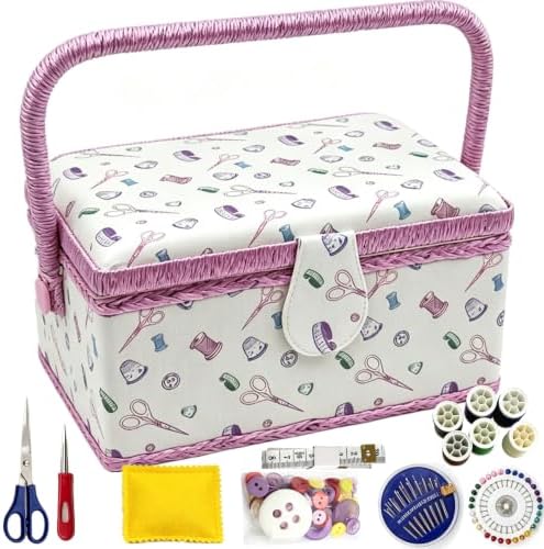 Sewing Box with Accessories Set, Fabric Floral Craft Storage Organizer Basket for Women & Girls, Portable Sewing Kit for Beginner, Travel, Mending, Embroidery Supplies