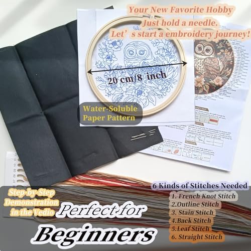 FONNUY Embroidery Kit for Beginners, Owl Flowers Pre-Stamped Pattern Kits for Adults with Hoop, Easy to Follow Color Thread Needlework, 8'' Hoop (Black)