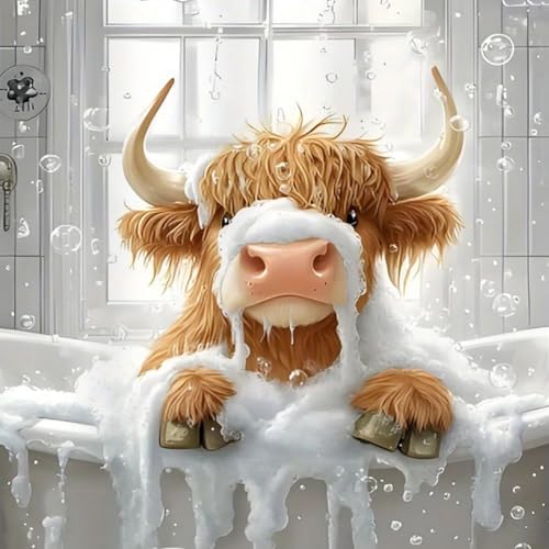 KYOQFVN Cow Diamond Art Kits for Adults, 5D Highland Cow Diamond Painting Kits for Adults, DIY Full Round Drill Paint by Diamonds Dot Gem Art for Home Wall Decor 14x14 Inch