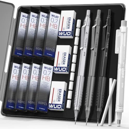 WUO 0.7mm Mechanical Pencil Set, 3 Pack Metal Drafting Pencils