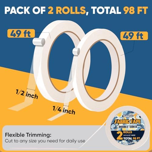2 Rolls Double Sided Fabric Tape,1/3-1/2IN 98 FT Hem Tape No Sewing No Iron