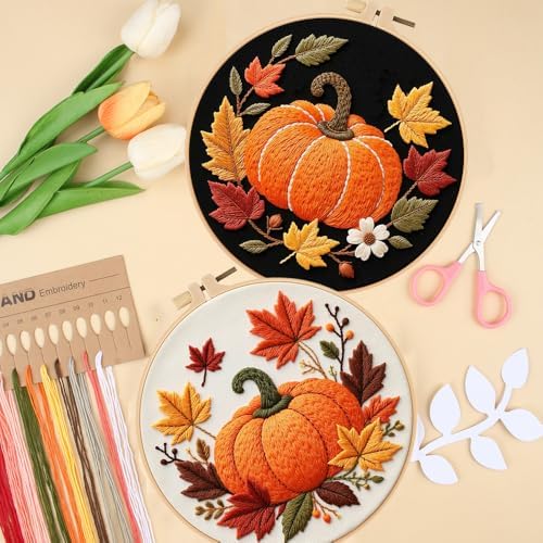 Konrisa Pumpkin Embroidery Kits, Stamped Embroidery Starter Kit for Adult with Hoop,Needlepoint Cross Stitch Kit,Set of 3