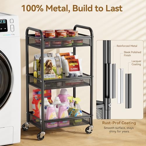 YASONIC 3 Tier Metal Rolling Cart, Black Utility Storage Cart with Wheels | Metal Mesh Craft Cart With Hooks & Hanging Cups, Ideal For Kitchen, Bathroom, Office, Dorm, Art Workspace, Bedside Storage