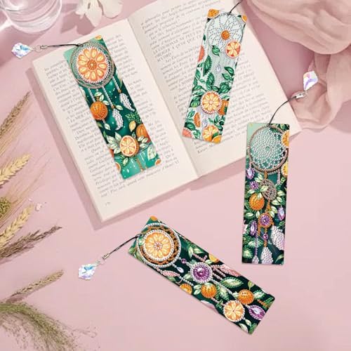 4 Pcs Diamond Painting Bookmarks, DIY Orange and Dreamcatcher Diamond Art Bookmark Kits for Adults, Rhinestone Drill Fruit Bookmarks with Tassels for Beginners