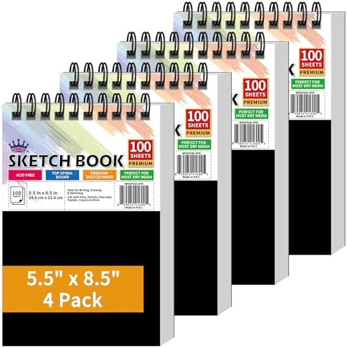 WINNER 5.5" x 8.5" Sketch Book, 400 Sheets Top Spiral Bound Sketch Pad, 68lb/100gsm White Acid Free Drawing Paper, Art Supplies for Kids Adult Beginners Artists, 4 Pack