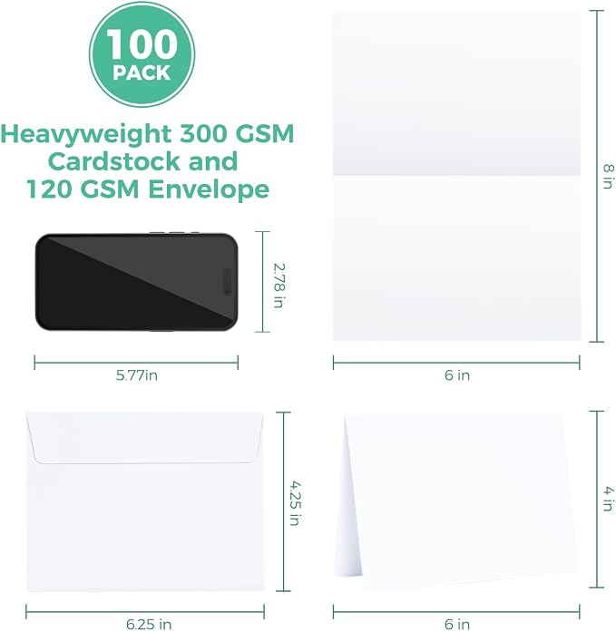 Ohuhu 4x6 Blank White Cards and Self-Seal Envelopes 100 Pack for DIY Cards | 4" x 6" Heavyweight Folded Cardstock and A4 Envelopes for DIY Greeting Cards Wedding Birthday Invitations & All Occasions