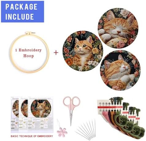 LB Orange Cat Embroidery Kit for Beginners Adults, 3 Sets Hand Embroidery Starter Kit with Floral Pattern and Instructions Stamped Cross Stitch Kits Include Embroidery Hoop Needles Threads Scissors