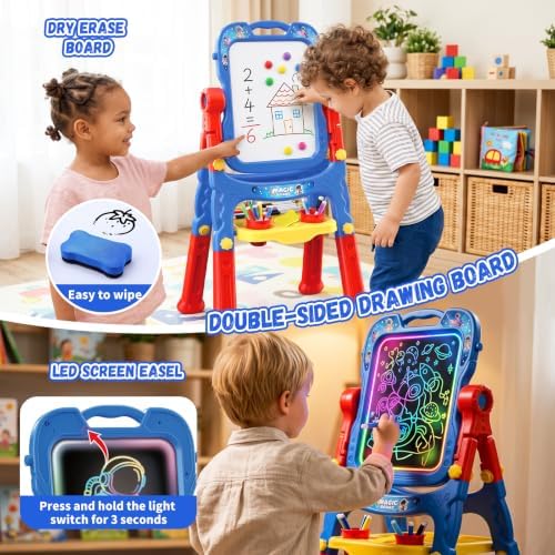 2-in-1 LED Drawing Board, Art Easel for Kids – Adjustable Double-Sided Rotatable Art Easel with Painting Accessories, Preschool Learning Toy for Boys Aged 3-5, Perfect Christmas, Birthday Gift (Blue)