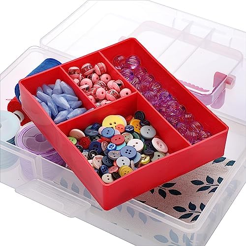 JUXYES Plastic Fishing Tackle Box Organizer with Removable Dividers, Clear Fishing Tackle Storage Boxes with Handle, 2 Layer Fishing Tackle Tray Box Lure Box, Red (Pack of 2)