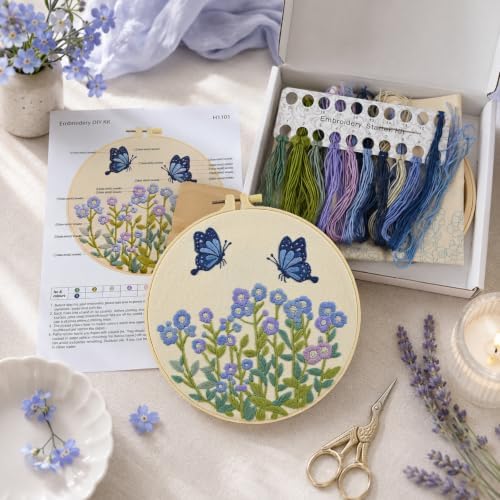 ElasignShopo Flower Embroidery Kit for Beginners Adults, Easy Cross Stitch Kit Forget Me Not Floral Pattern Embroidery Starter Kits Spring Summer with Wooden Hoop Needles Threads and Instruction