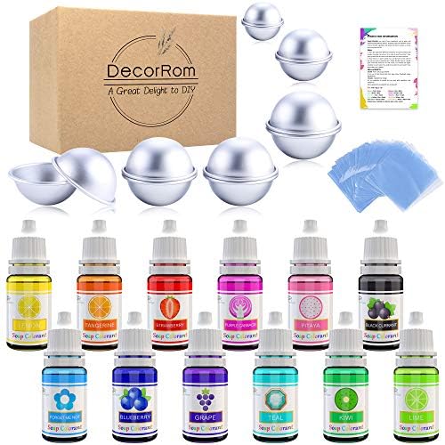Bath Bomb Mold Kit 12 Pieces with 12 Soap Colorant, Shrink Wrap Bags - Liquid Food Grade Skin Safe Bath Bomb Dye for Making DIY Bath Bombs Supplies, Soap Coloring, Crafting Fizzles - with Instructions