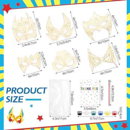 Weysat 24 Sets Color Your Own Hero Masks DIY Blank Masks Wooden Painting Craft Kits Include Beautiful Cards and Art Supplies for Boys Girls Birthday Party Graffiti Crafts Party Favors