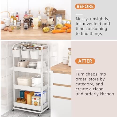 JIUYOTREE 4-Tier Plastic Rolling Storage Cart Utility Cart White