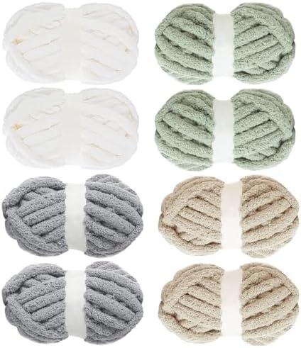 MABOZOO Assorted Chunky Yarn for Hand Knitting 8 Pack, Fluffy Jumbo Chenille Yarn, Soft Plush Yarn Bulky, Giant Thick Fuzzy Yarn for Arm Knitting, Cream & Khaki&Sage&Grey(31.7 yds,8 oz Each Skein)