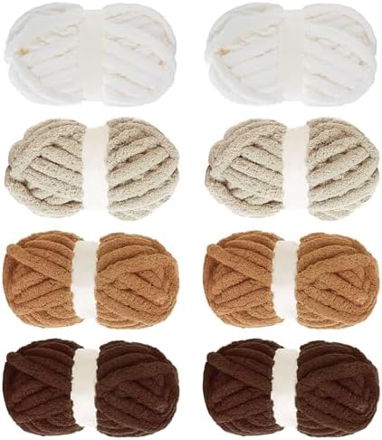 MABOZOO Assorted Chunky Yarn for Hand Knitting 8 Pack, Fluffy Jumbo Chenille Yarn, Soft Plush Yarn Bulky, Giant Thick Fuzzy Yarn for Arm Knitting, Khaki Multi (31.7 yds,8 oz Each Skein)