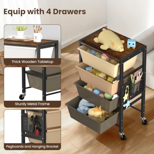 Rolling Cart with 4 Drawers, Plastic Drawer Storage Carts with Wheels & Wooden Tabletop, Metal Utility Cart with Pegboards, Office Living Room Classroom Craft Organization and Storage, Dark Brown