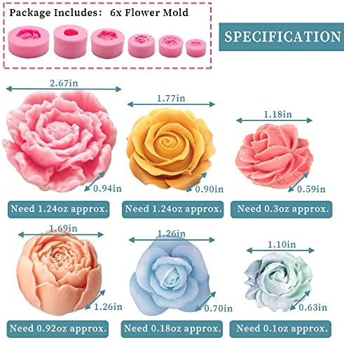 6PCS 3D Flower Fondant Molds Set, Rose Silicone Molds for Candle Soap Making, Handmade Cake Dessert Decoration Chocolate Cupcake Candy Ice Mold, Resin Concrete Art Crafts Accessories